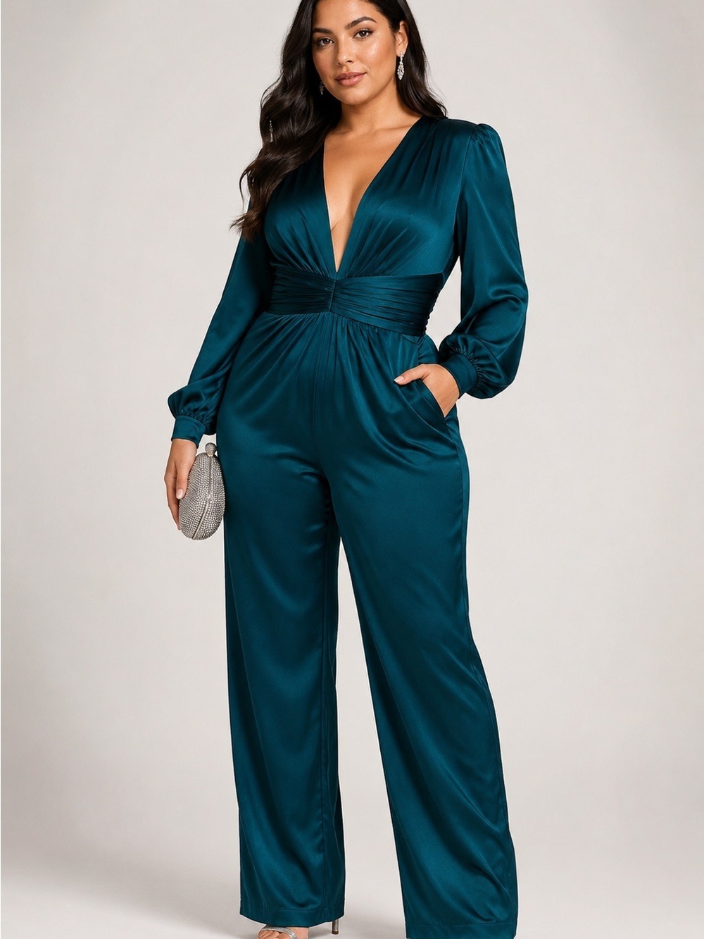 Ieena Mac Duggal 2647 Satin Deep V Puff Sleeve Jumpsuit Blue 10 NWT